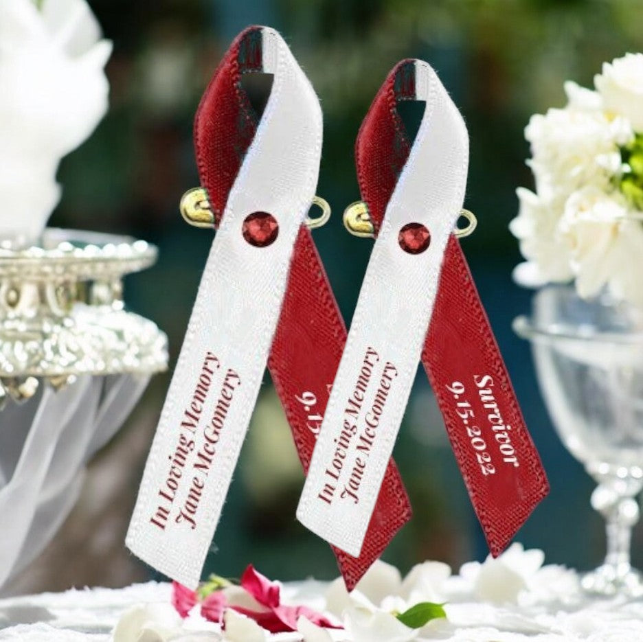 Head or Neck Cancer Ribbon Personalized (White-Burgundy) - Pack of 10