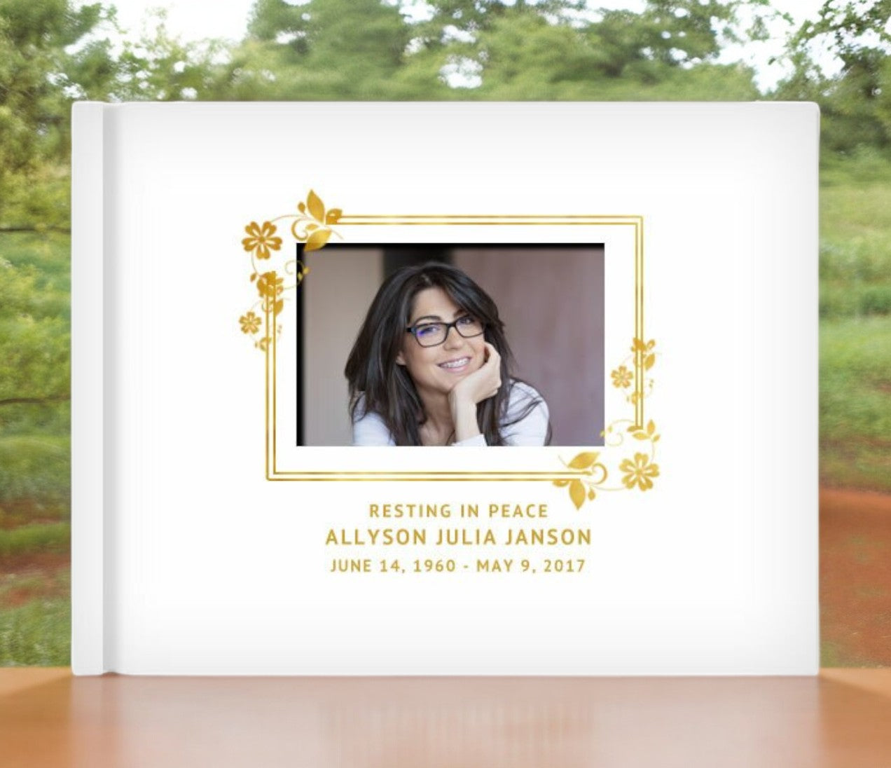 Floral Border Foil Look Landscape Funeral Guest Book With Photo