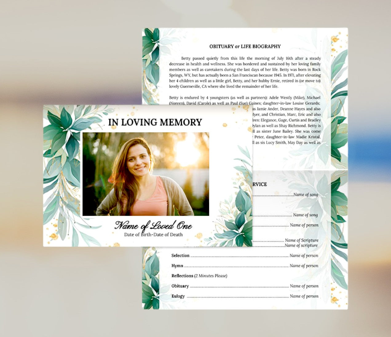 Green Leaf Greeting Card Style Google Docs Funeral Program Template