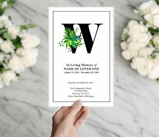 Monogram W Leaves Funeral Program Template