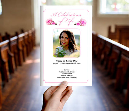 Pink Rose Funeral Program Template