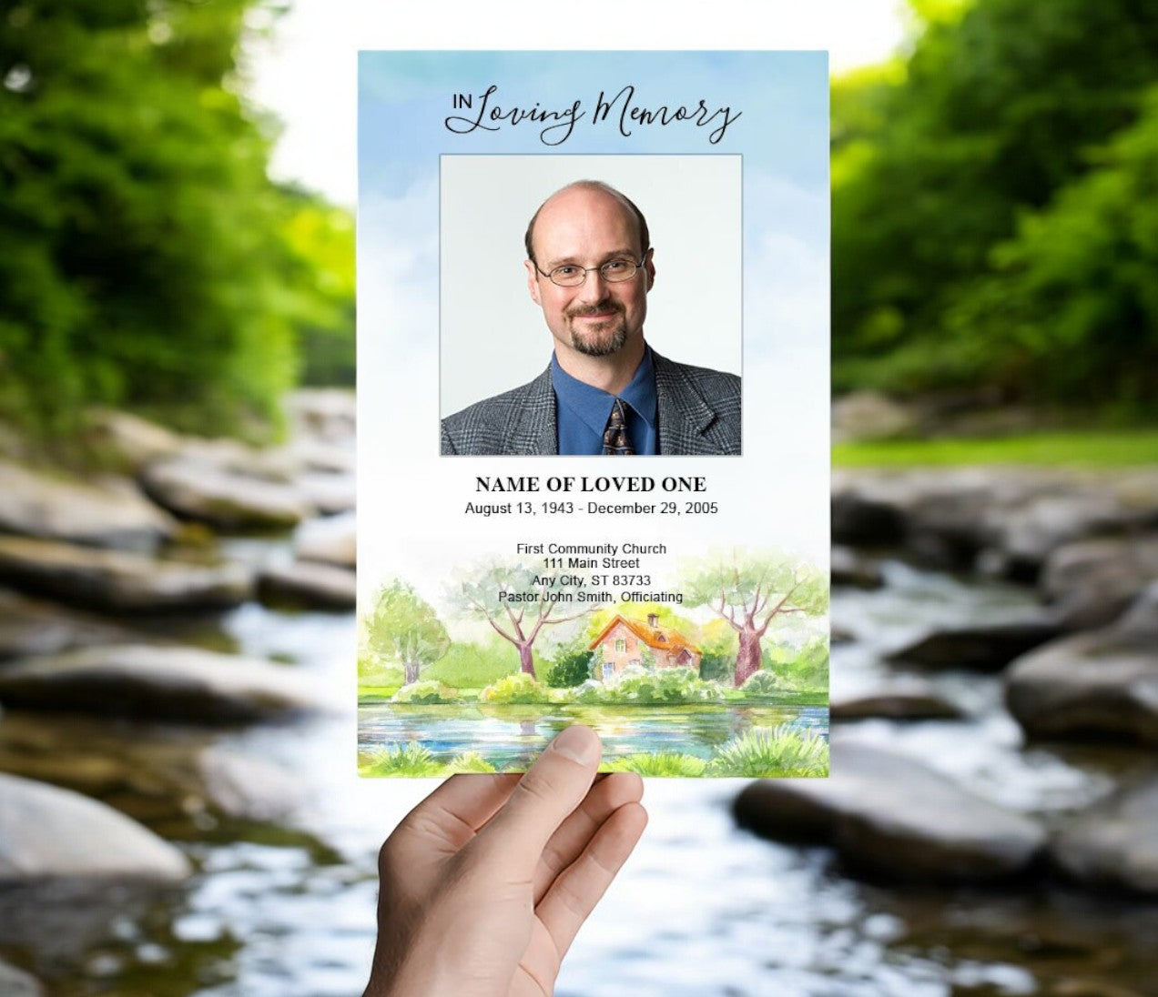 River Watercolor Funeral Program Template