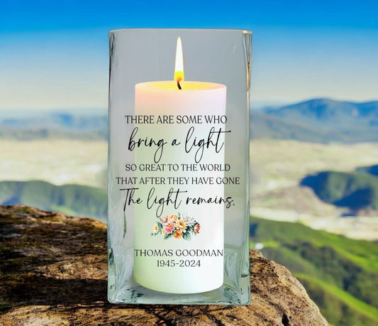 A Light Remains Personalized Square Glass Memorial Candle - The Funeral Program Site