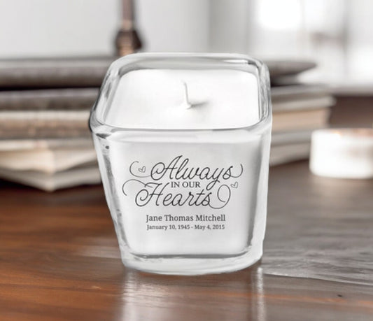 Always In Hearts Personalized Glass Cube Memorial Candle