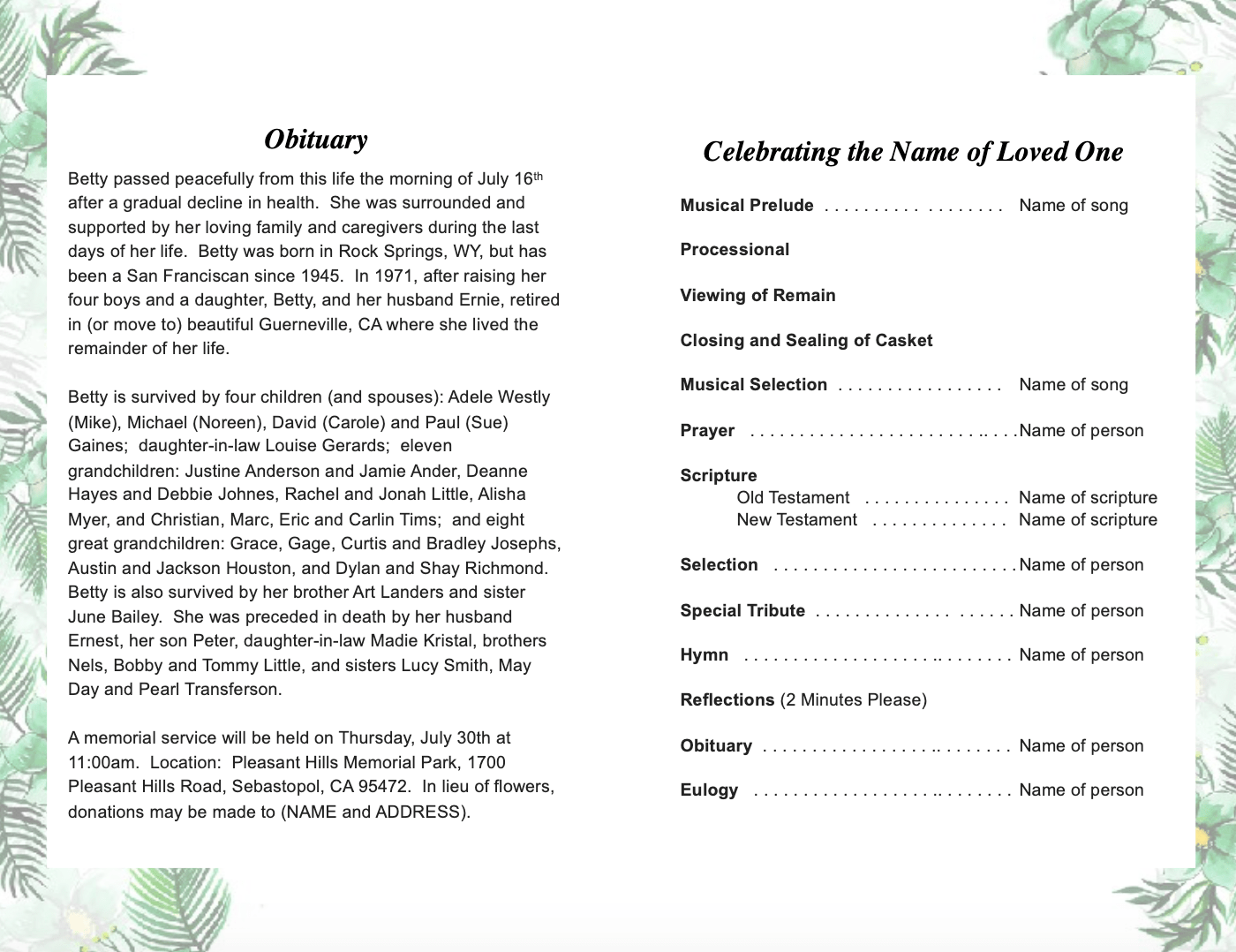 Annabella Funeral Program Template - The Funeral Program Site