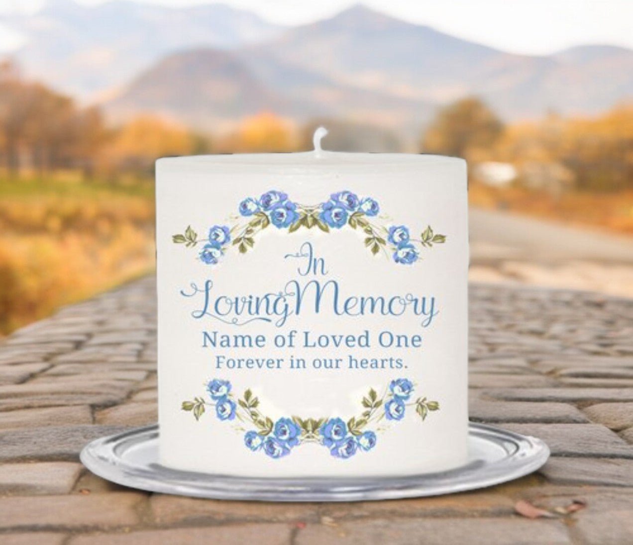 Blue Florals Small Personalized Wax Candle - The Funeral Program Site