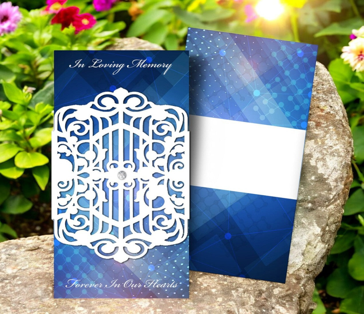 Funeral Program Blue Plaid With Laser Cut Flourish Band Design & Print (Pack of 25)