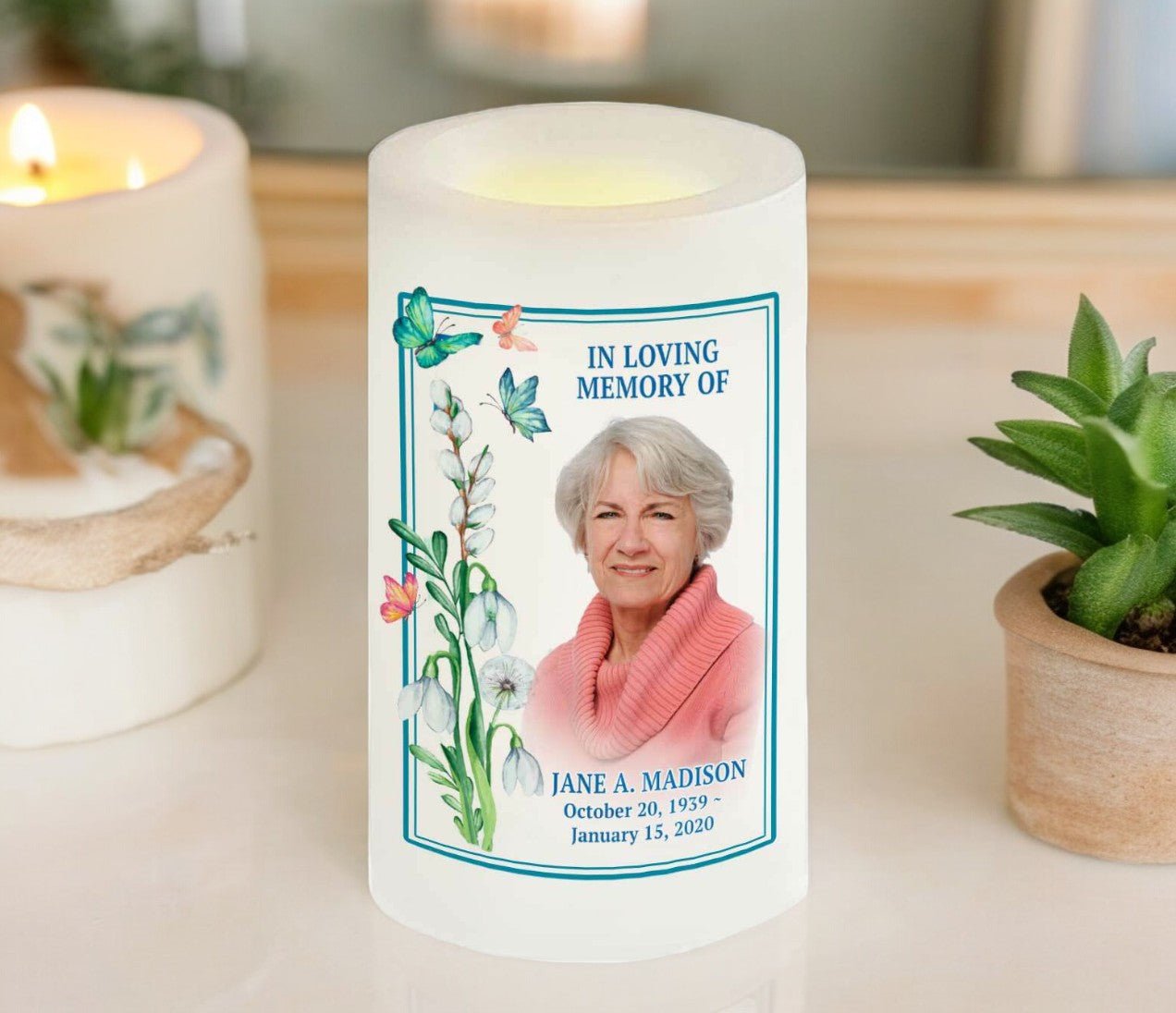 Butterfly Florals Personalized Flameless LED Memorial Candle - The Funeral Program Site