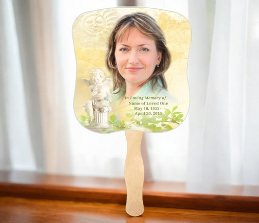 Cherub Cardstock Memorial Fan With Wooden Handle (Pack of 10)