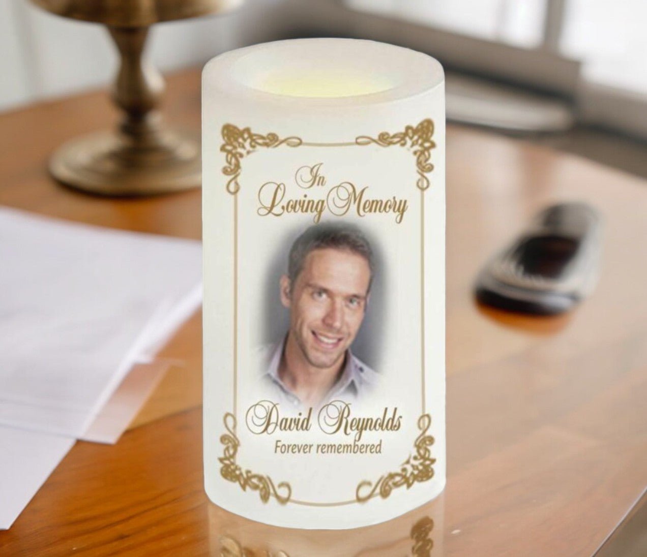 Chestnut Personalized Flameless LED Memorial Candle - The Funeral Program Site