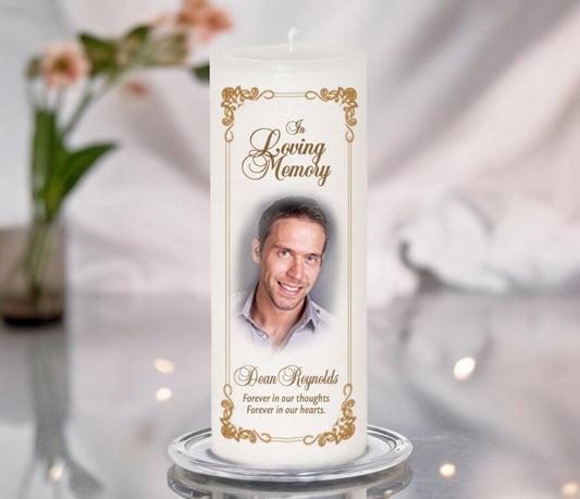 Chestnut Personalized Wax Pillar Memorial Candle - The Funeral Program Site