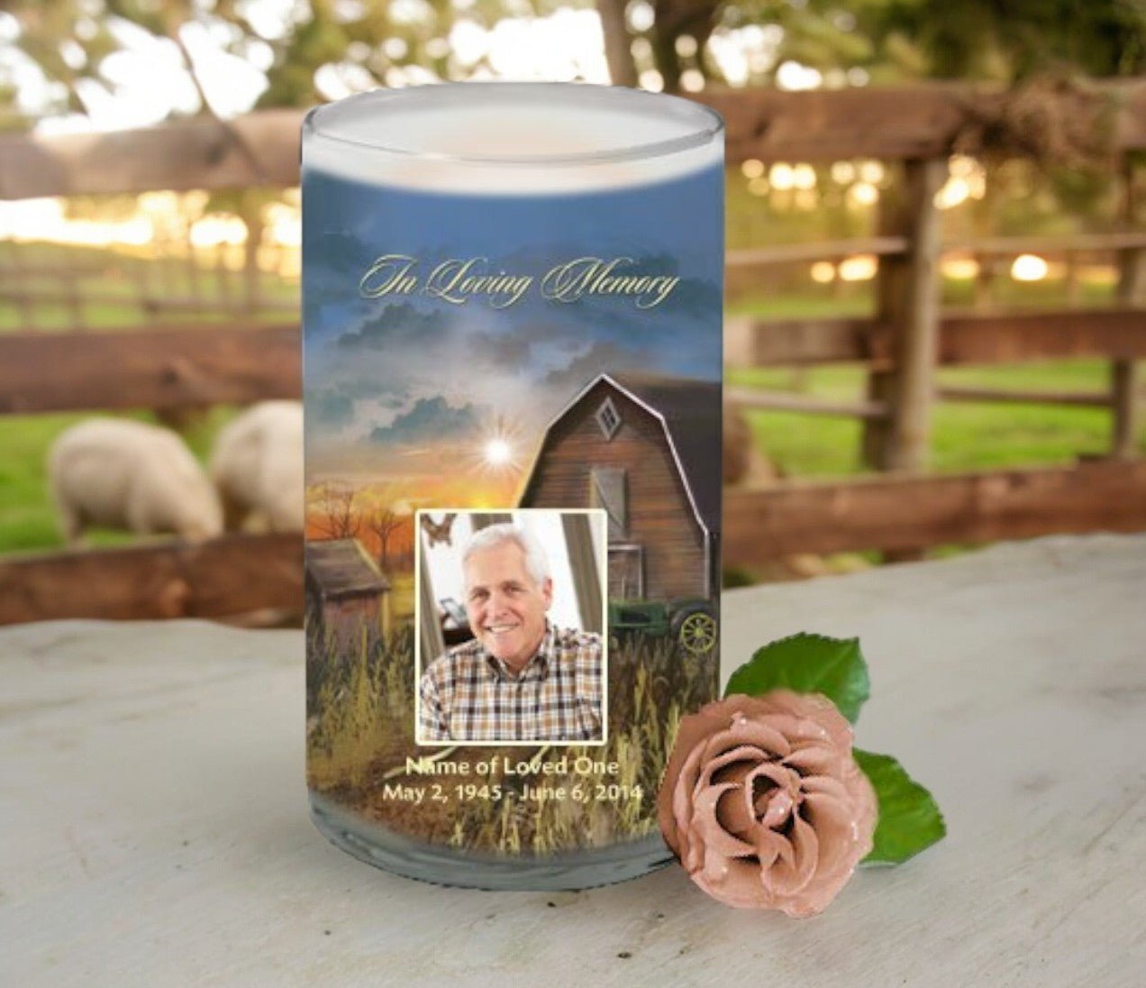 Country Barn Personalized Glass Memorial Candle - The Funeral Program Site