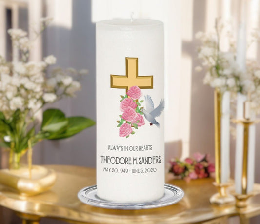 Cross Dove Personalized Wax Memorial Candle - The Funeral Program Site