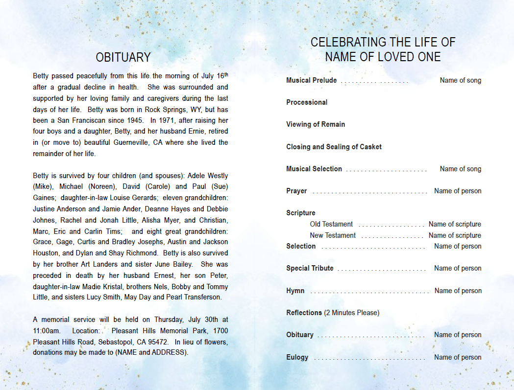 Crystal Blue Funeral Program Template - The Funeral Program Site