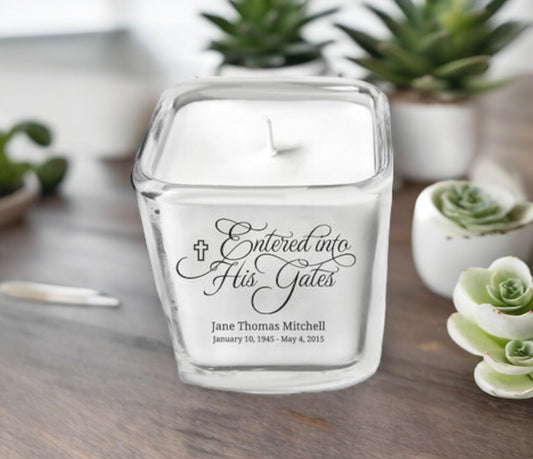 Entered Into His Gates Glass Cube Memorial Candle