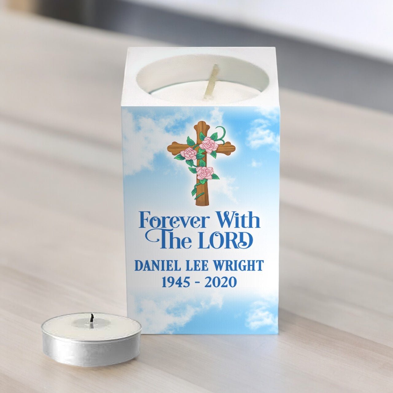 Faith Cross Personalized Mini Memorial Tea Light Candle Holder - The Funeral Program Site