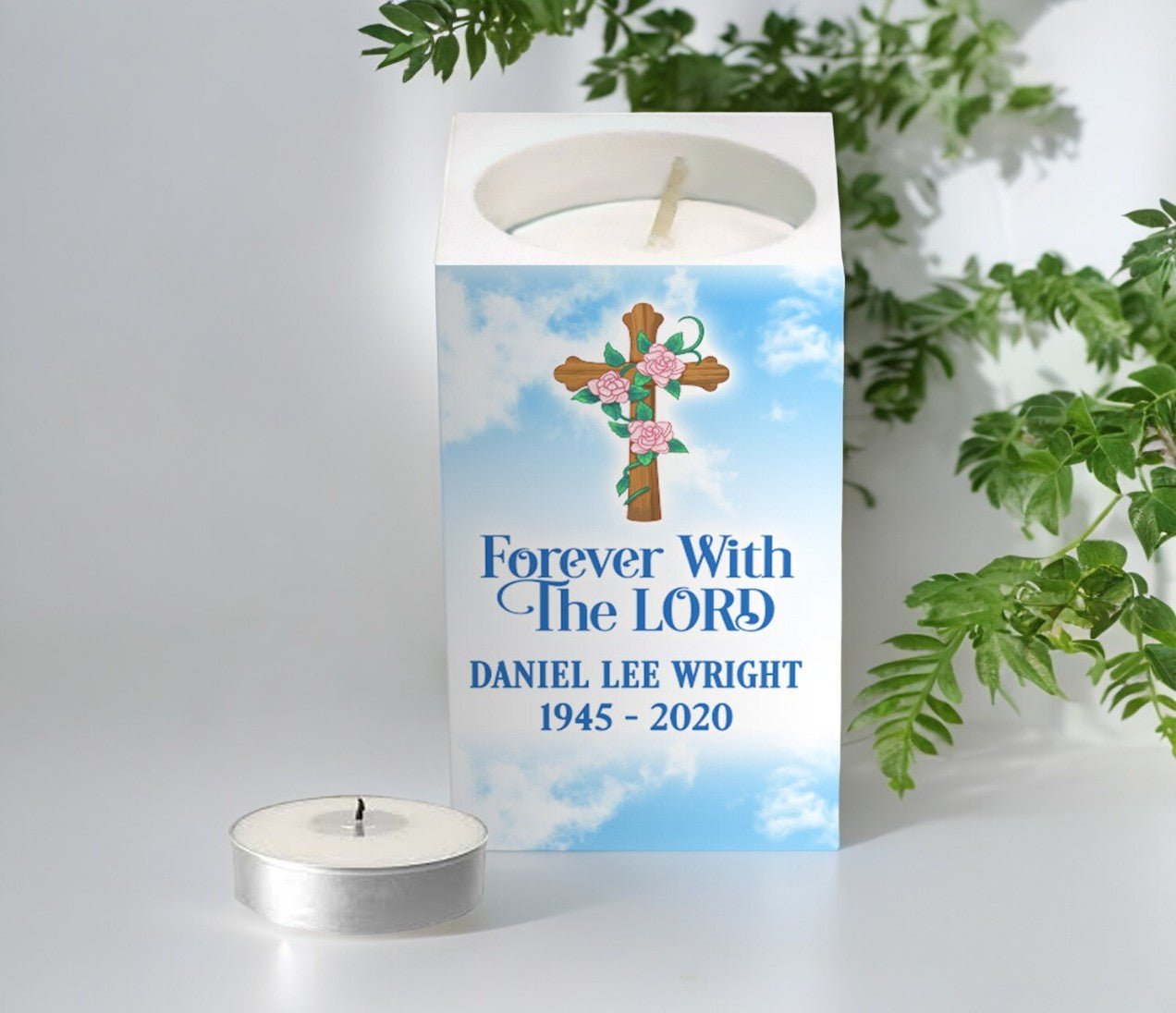 Faith Cross Personalized Mini Memorial Tea Light Candle Holder - The Funeral Program Site