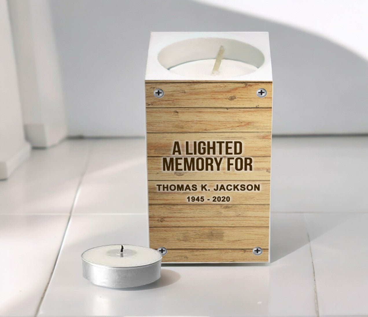 Faux Wood Personalized Mini Memorial Tea Light Holder - The Funeral Program Site