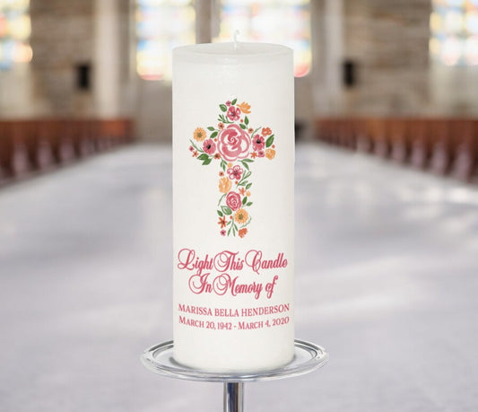 Flowers Cross Personalized Wax Pillar Memorial Candle