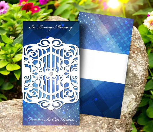 Funeral Program Blue Plaid With Laser Cut Flourish Band Design & Print (Pack of 25) - The Funeral Program Site