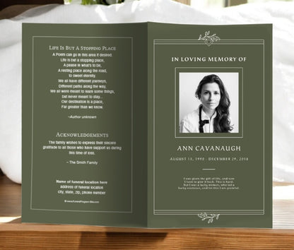 Custom funeral program template with a green cover, photo placeholder, and acknowledgment section for a meaningful memorial.