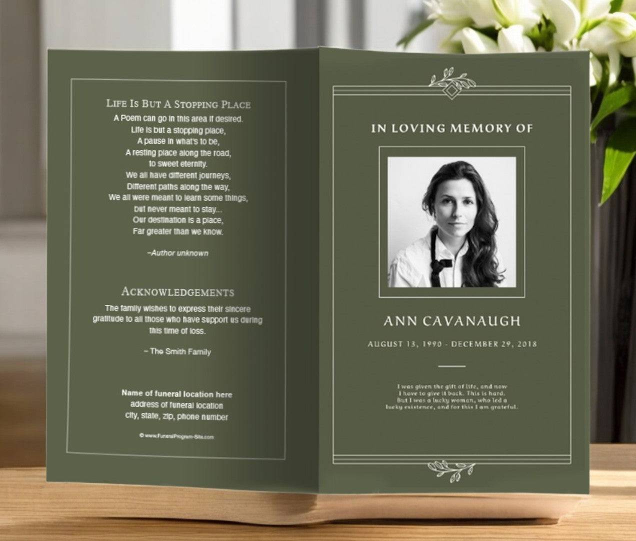 Customizable funeral program template featuring a green cover with a photo and memorial details, alongside acknowledgment and poem sections.