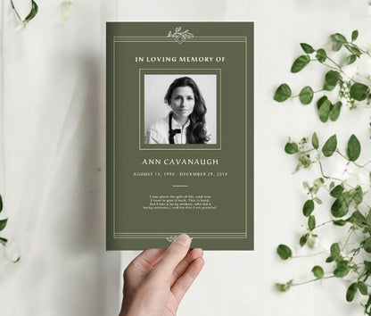 Elegant Remembrance funeral program template with a green background, photo placeholder, and customizable text for a timeless tribute.