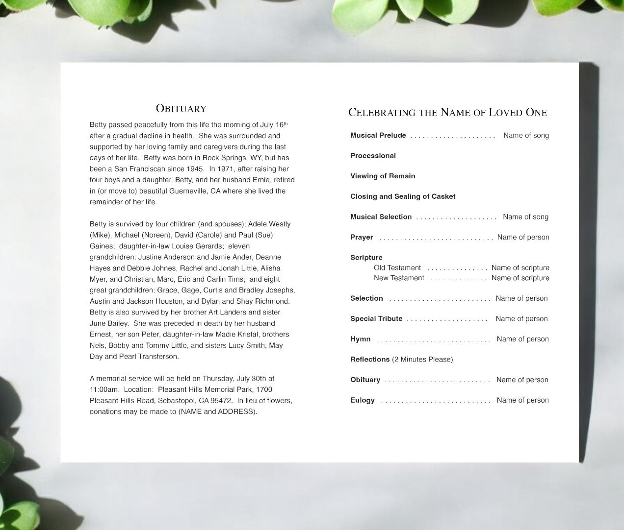 Interior layout of a funeral program template with obituary text, celebration details, and space for personal customization.