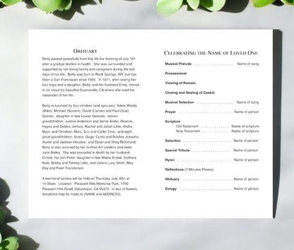 Interior layout of a funeral program template with obituary text, celebration details, and space for personal customization.