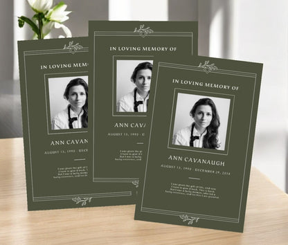 Set of three funeral program templates with a green design, photo placeholders, and customizable text for memorial services.