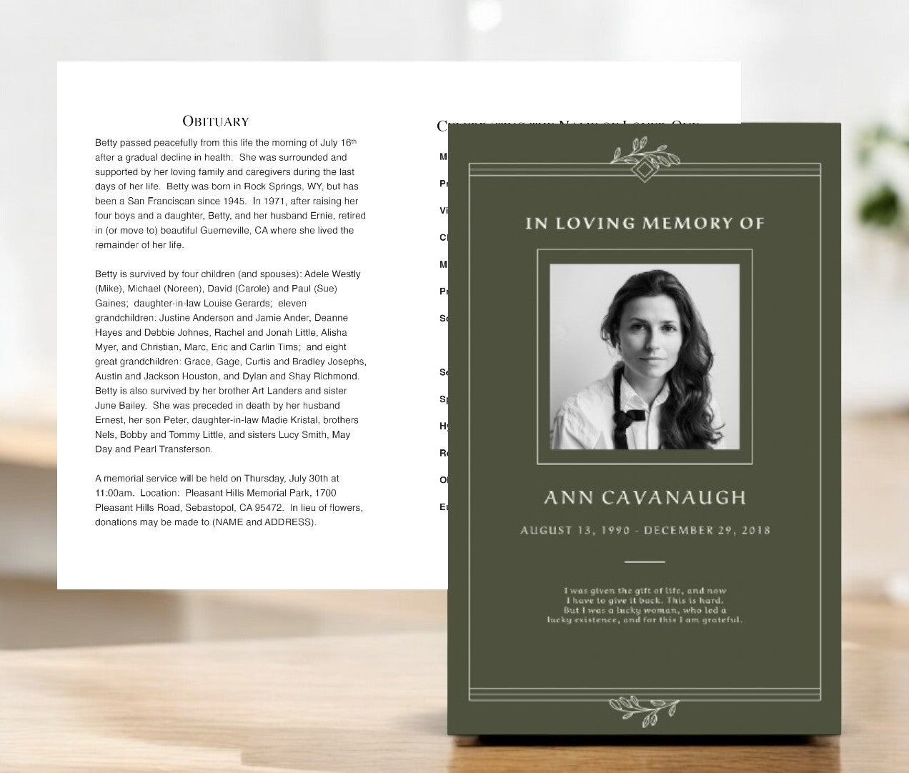 Front and interior pages of a funeral program template showcasing a green design with obituary and memorial details.