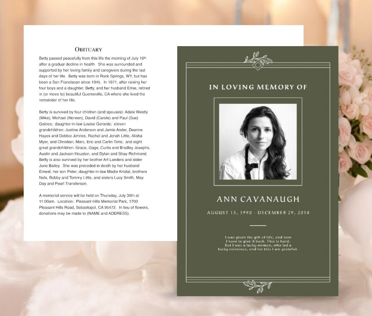 Funeral program template with a green theme, featuring a photo, obituary, and customizable memorial details for a personalized tribute.