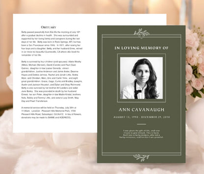 Funeral program template with a green theme, featuring a photo, obituary, and customizable memorial details for a personalized tribute.