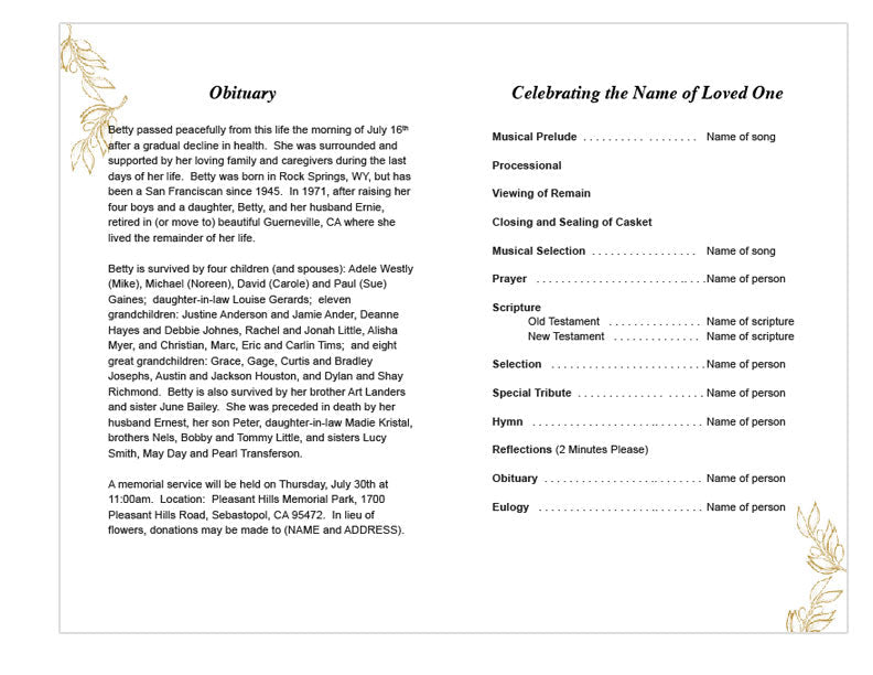 Golden Leaf Funeral Program Template - The Funeral Program Site