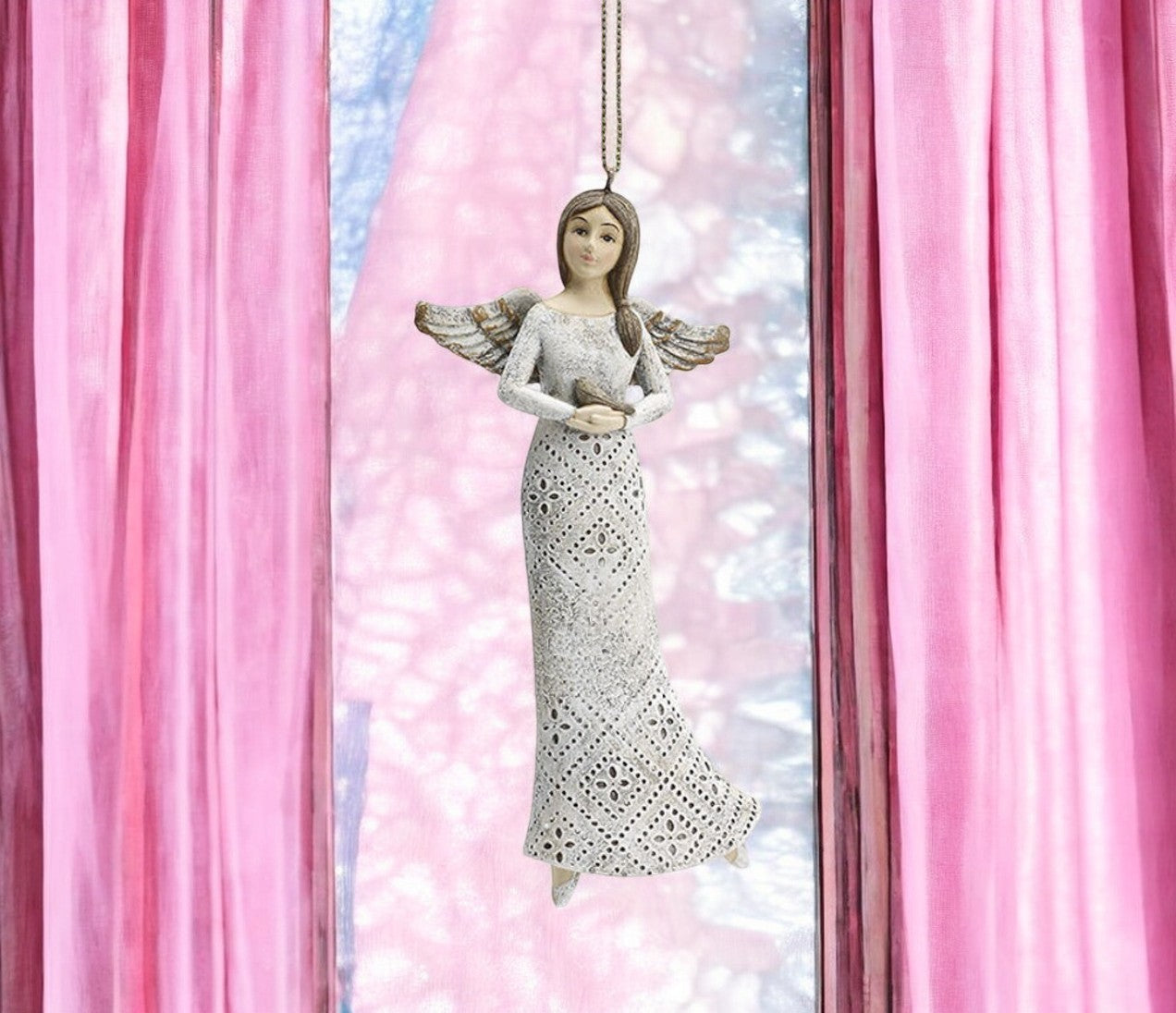 Hanging In Loving Memory Angel With Bird Figurine