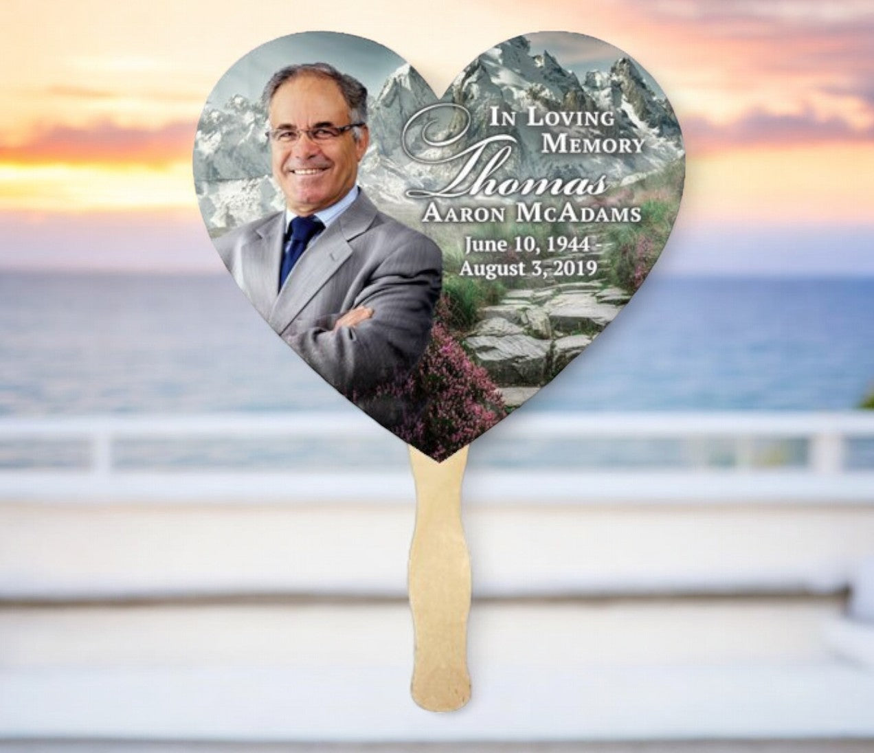 Grand Mountain Heart Memorail Fan With Wooden Handle (Pack of 10)