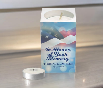 US Flag Personalized Mini Tea Light Memorial Candle & Holder