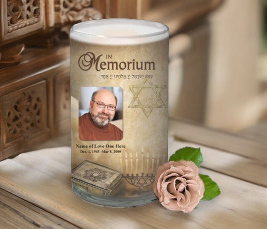 Jewish Personalized Glass Memorial Candle - The Funeral Program Site