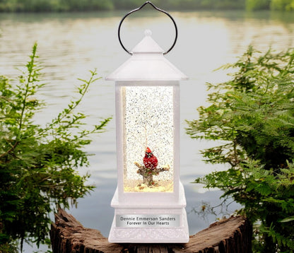 Personalized Memorial Lantern Cardinal with LED Lit Confetti Snow Dome