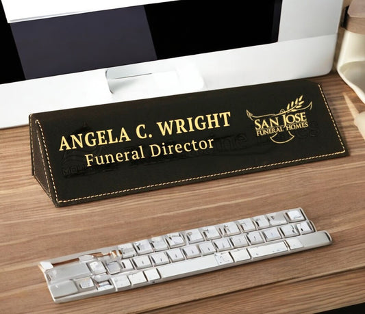 Funeral Home Black-Gold Leather Name Plate Desk Wedge