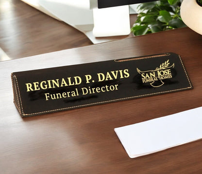 Black-Gold Leather Funeral Home Desk Wedge with Business Card Holder