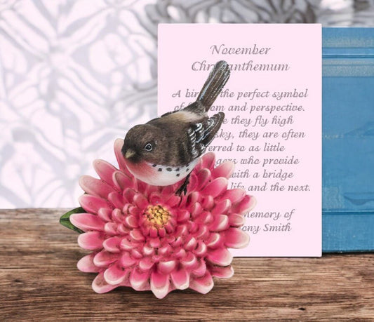 November Chrysanthemum and Bird Sympathy Figurine and Card - The Funeral Program Site