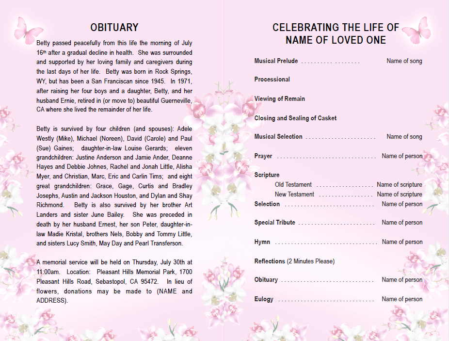 Orchid Blooms Funeral Program Template - The Funeral Program Site