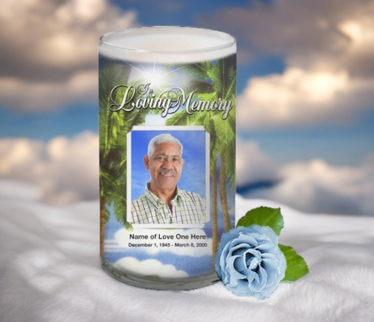 Paradise Personalized Glass Memorial Candle - The Funeral Program Site