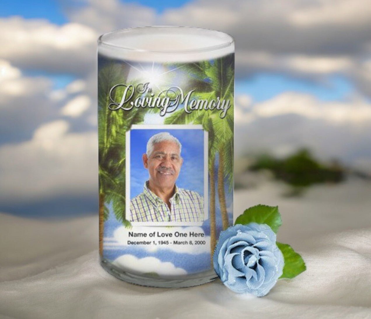 Paradise Personalized Glass Memorial Candle - The Funeral Program Site