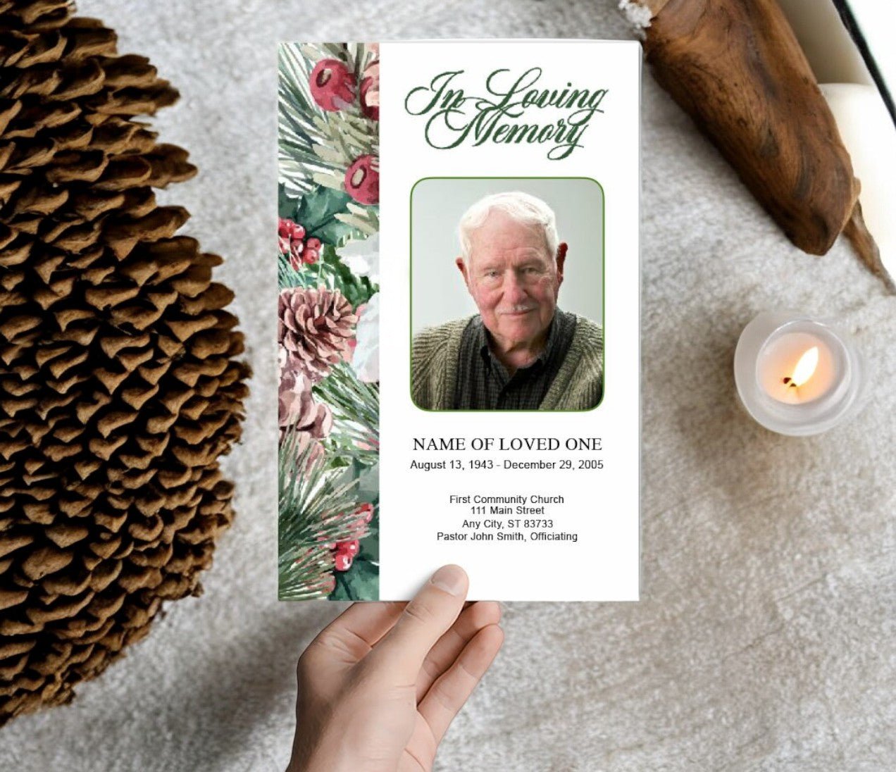 Pinecone Watercolor Funeral Program Template - The Funeral Program Site