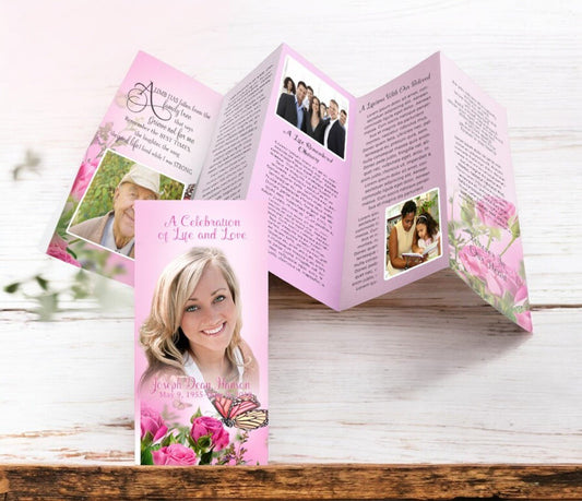 Pink Roses Accordion Fold Funeral Program Design & Print (Pack of 50) - The Funeral Program Site