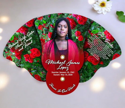 Red Roses Personalized Folding Memorial Fan (Pack of 10) - The Funeral Program Site