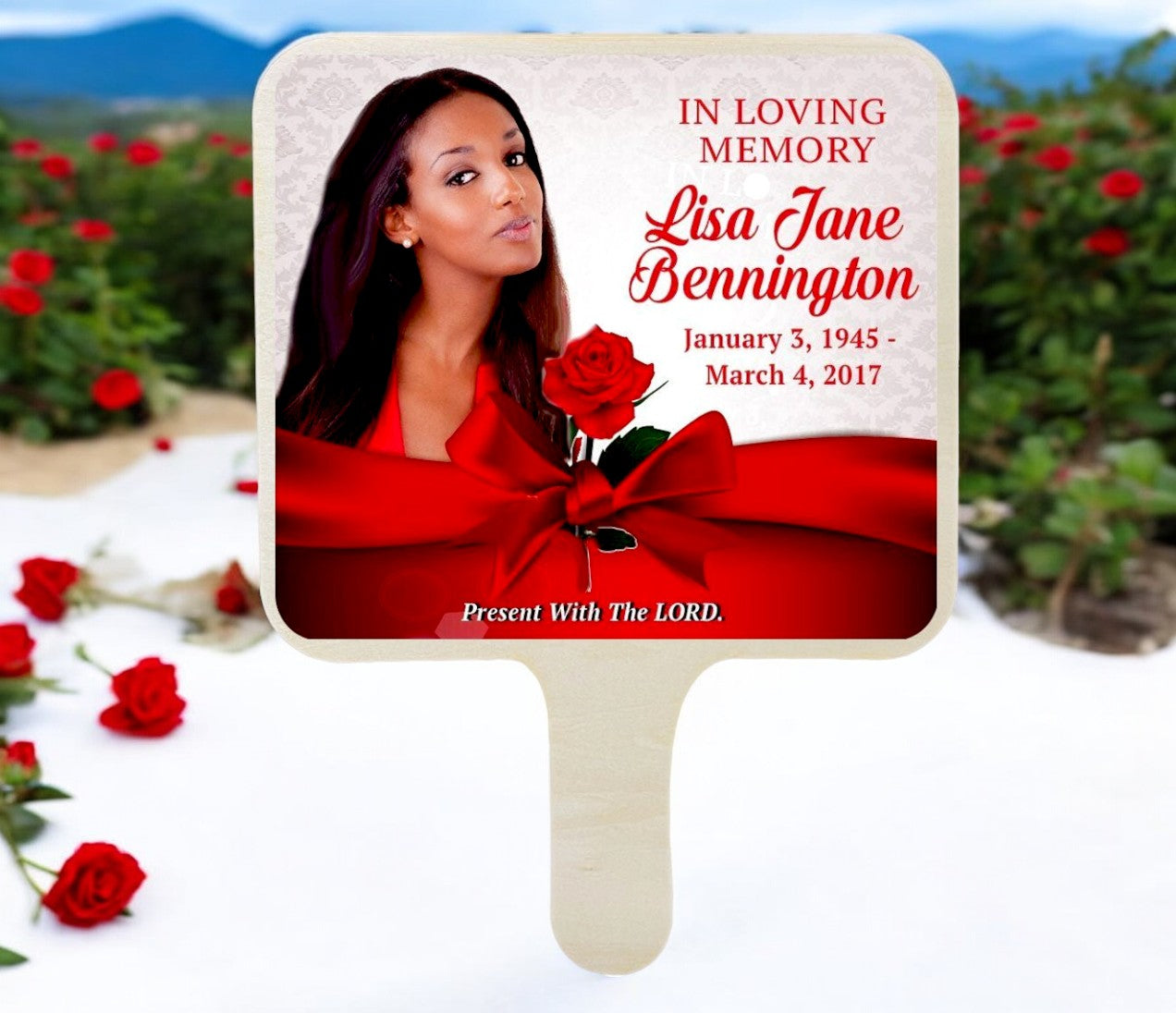 Red Satin Shores All-In-One Memorial Hand Fan (Pack of 10)