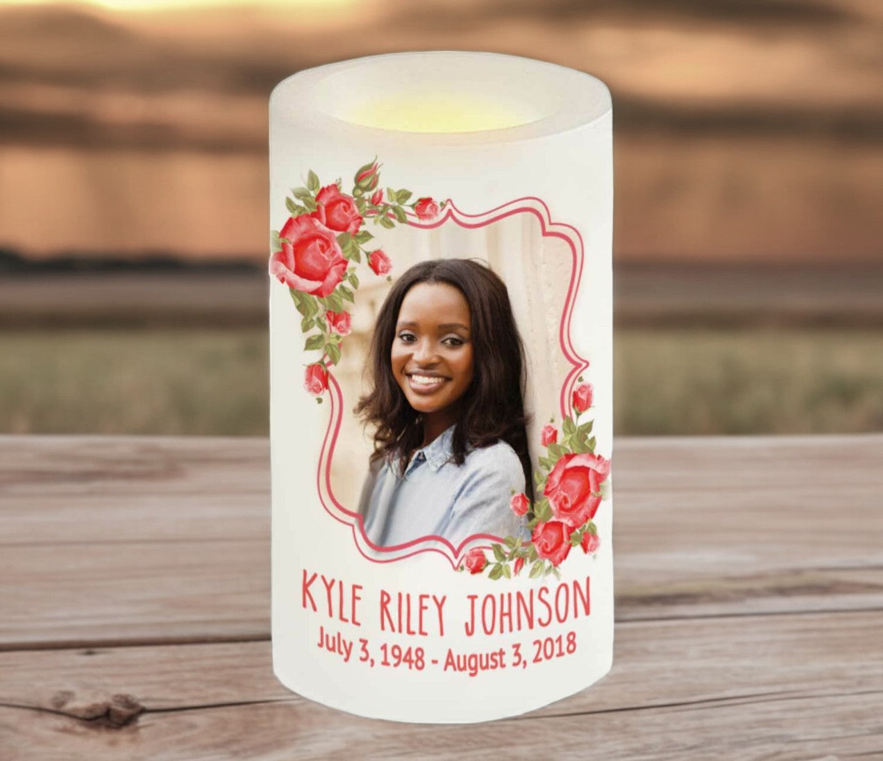 Red Roses Personalized Flameless LED Memorial Candle